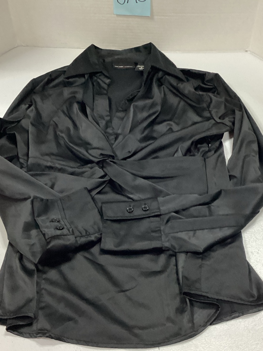 New York & Company Black Satin Twist-Front Shirt